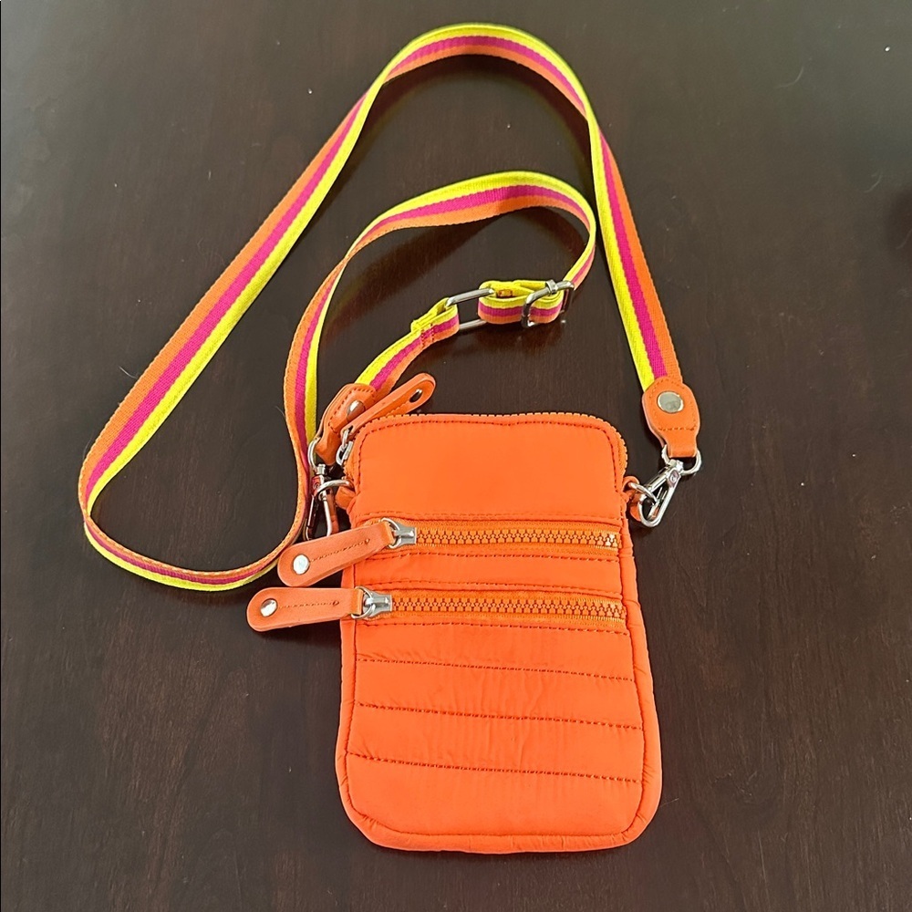 Sondra Roberts Squared Orange Quilted Crossbody Purse/Organizer w/Striped Strap
